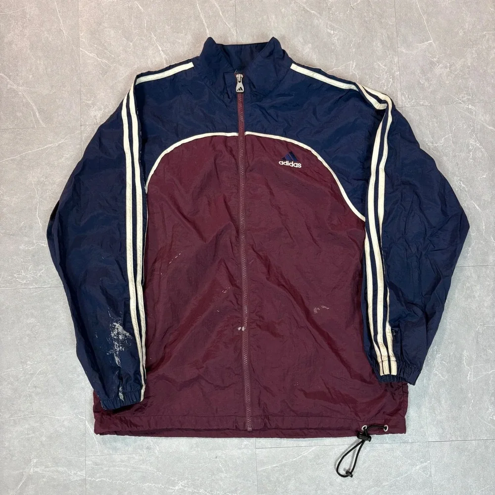 Adidas Vintage Windbreaker Jacket Navy Burgundy Colorblock Mens Large 3 Stripe